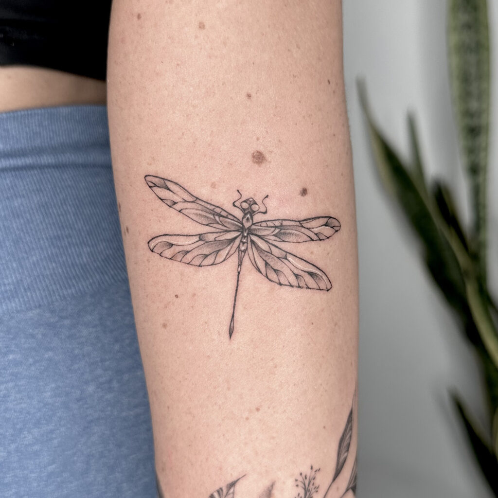 Small black and grey dragonfly tattoo