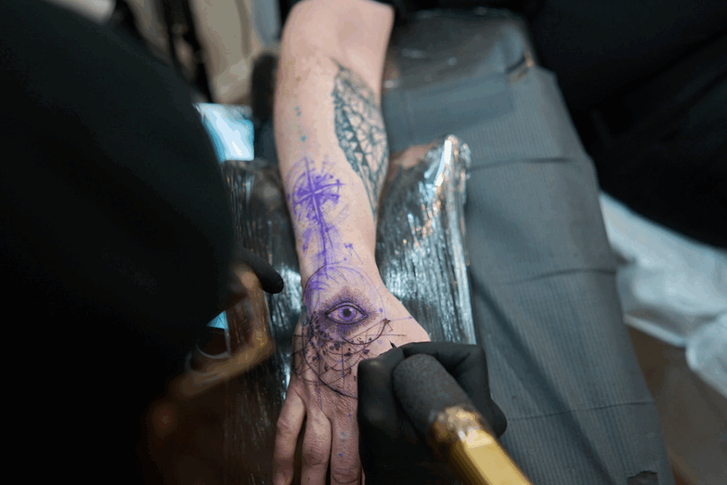 A tattoo artist working on a hand tattoo with purple stencil lines, featuring an eye and geometric design.