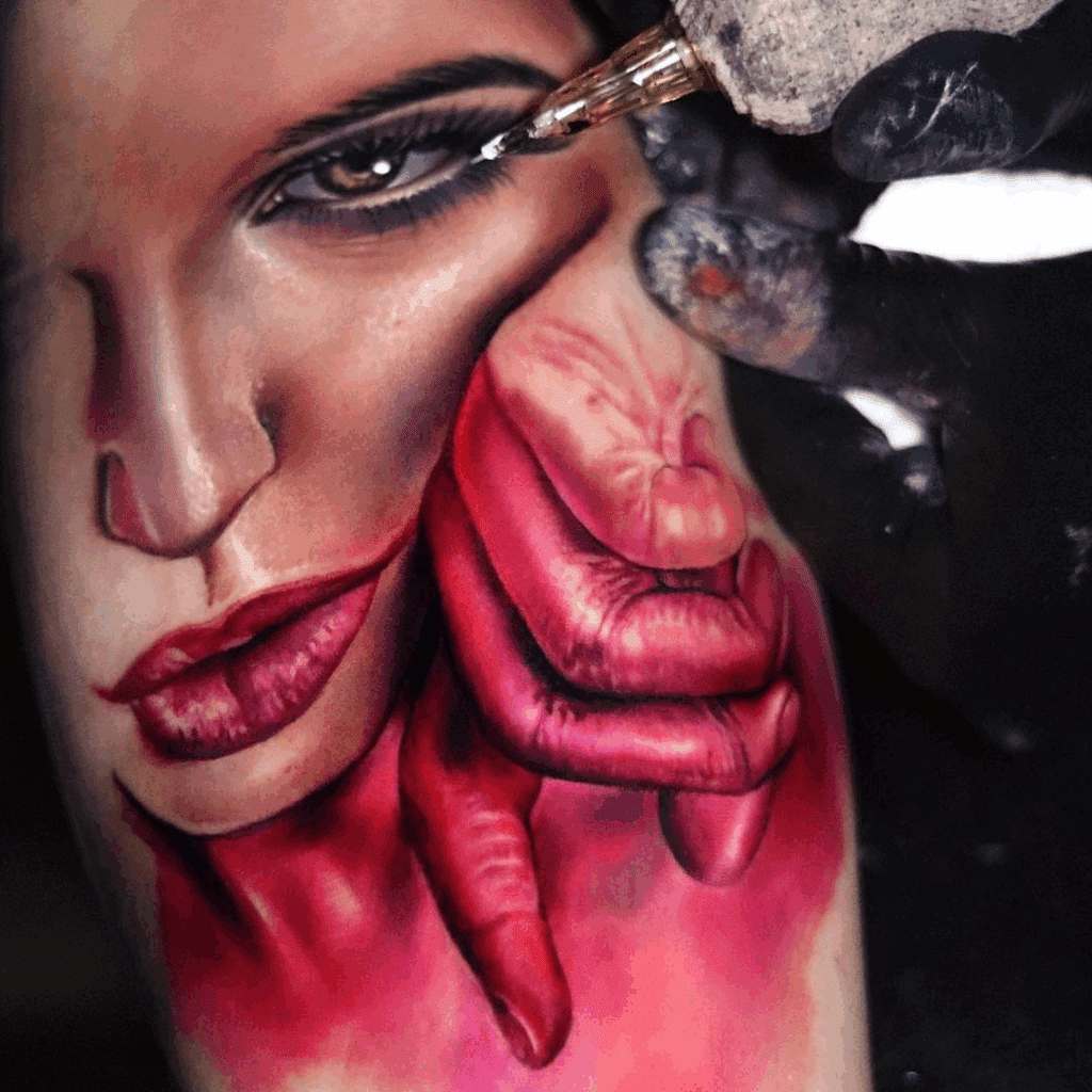 Color portrait tattoo of a woman with vivid pink wash over her neck and hand