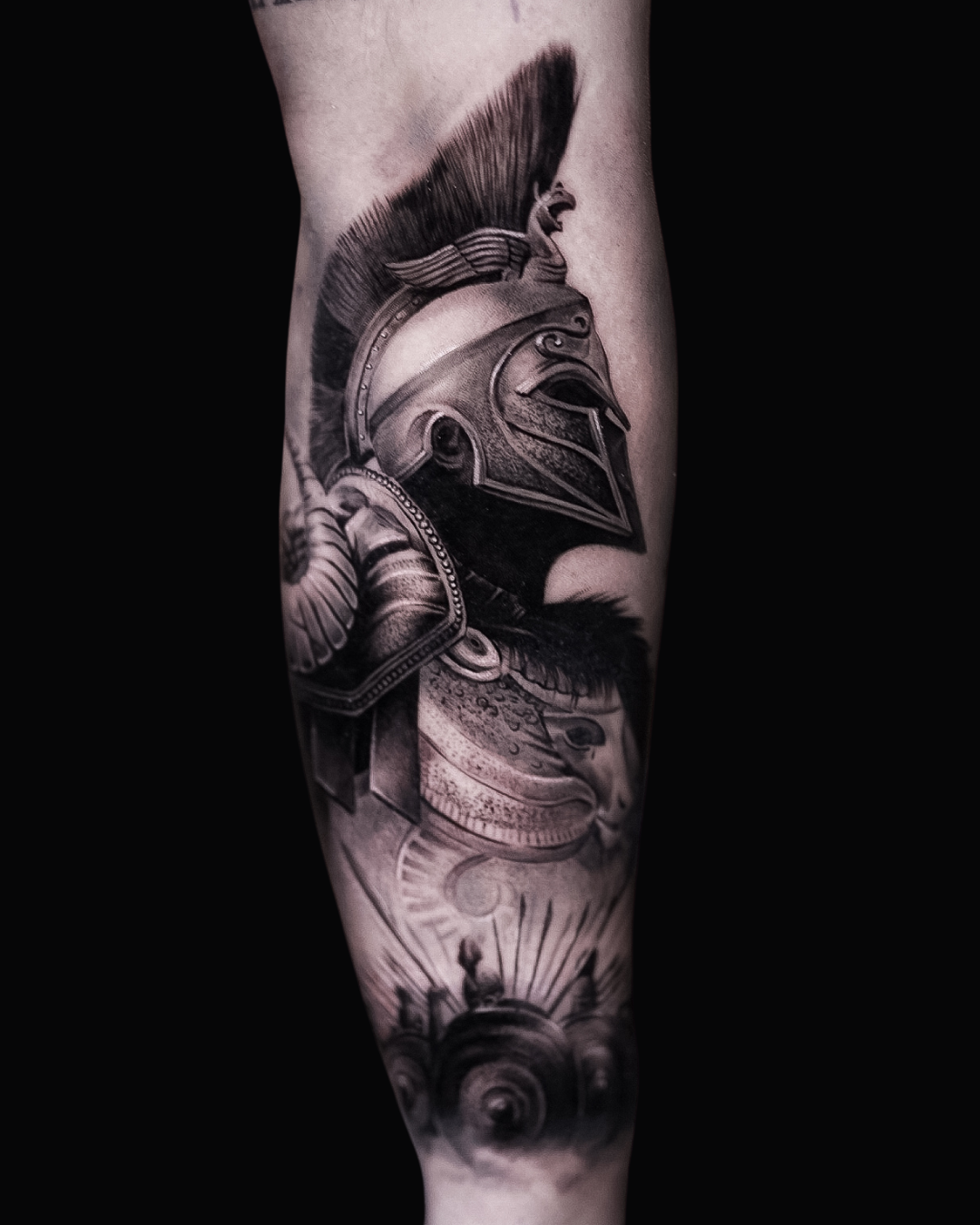 Gladiator_Realism Black and grey realism tattoo of an ancient soldier