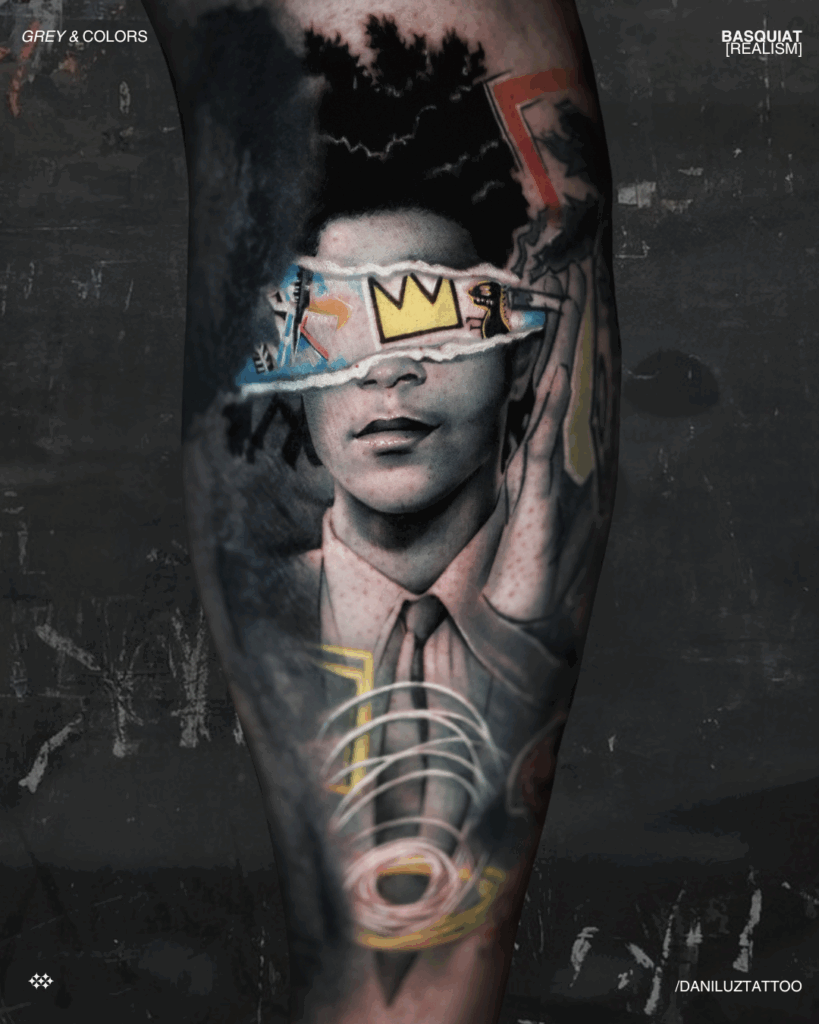 Black and grey realism tattoo of artist Basquiat with abstract colored elements overlaid