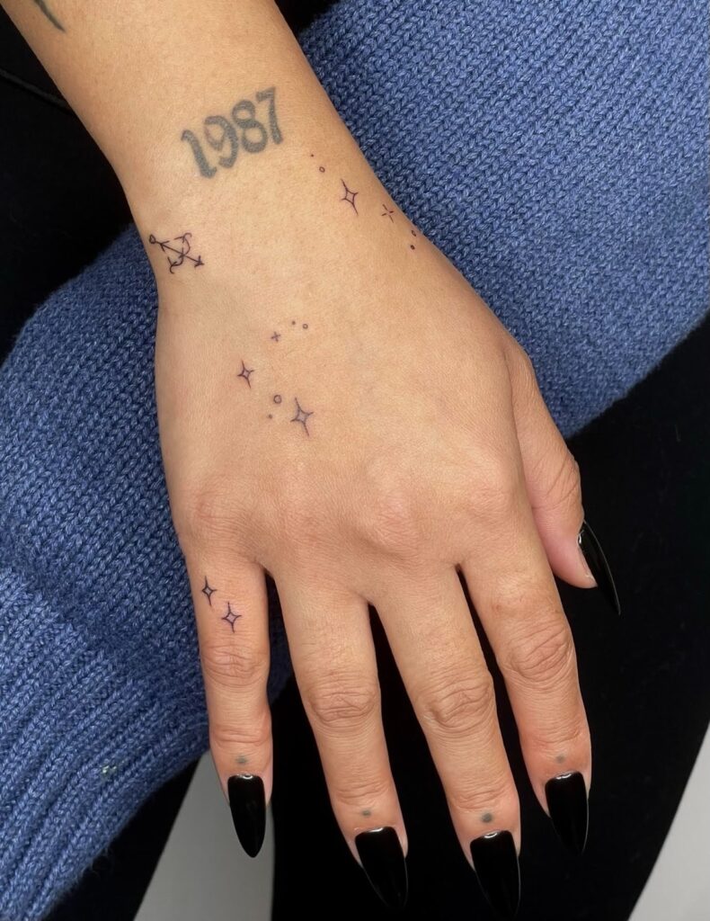 Hand displaying fine line tattoos of stars and a constellation, with the year "1987" inked on the wrist, emphasizing tattoo touch-up and maintenance.
