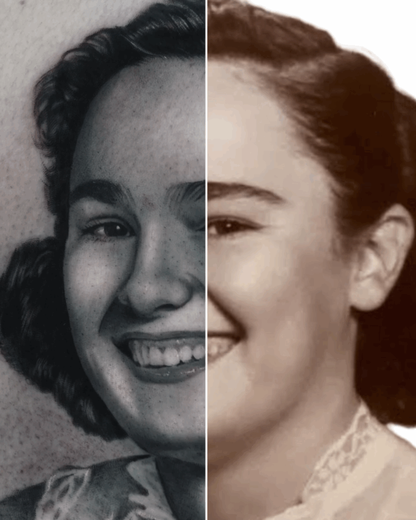 Split image of a black and grey portrait tattoo and a vintage photograph of a woman