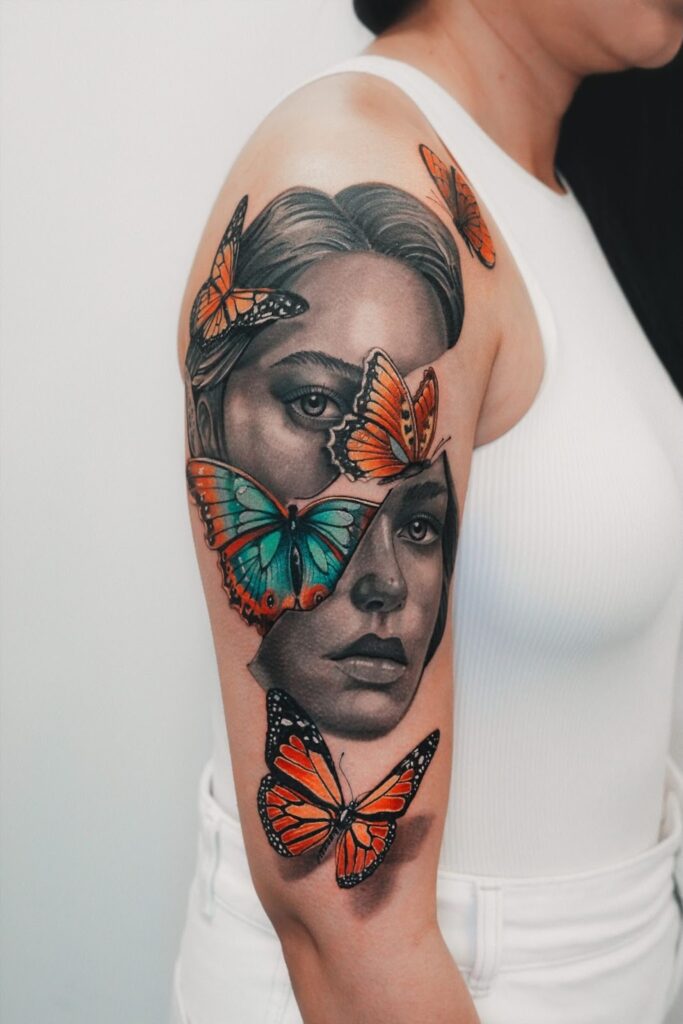 Realistic tattoo of a woman's face surrounded by colorful butterflies on the upper arm, emphasizing intricate details and vibrant colors, relevant to tattoo touch-up discussions.
