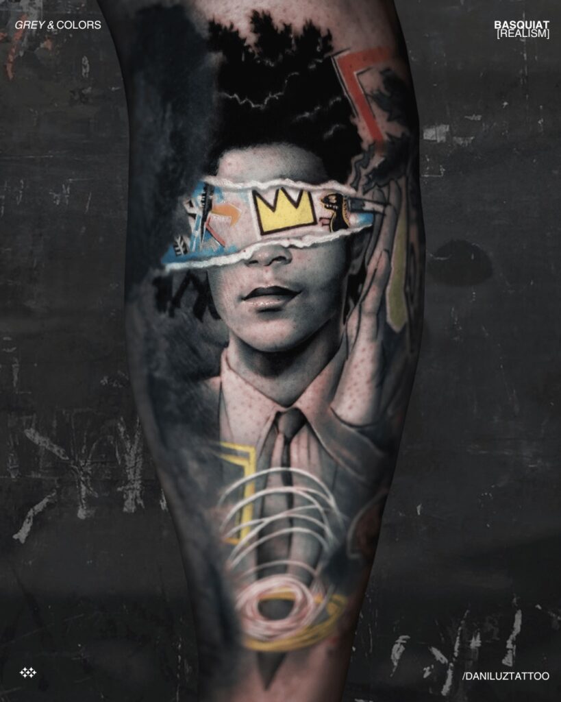 Tattoo of a portrait in black and grey realism style combined with colorful abstract elements inspired by Jean-Michel Basquiat’s artwork