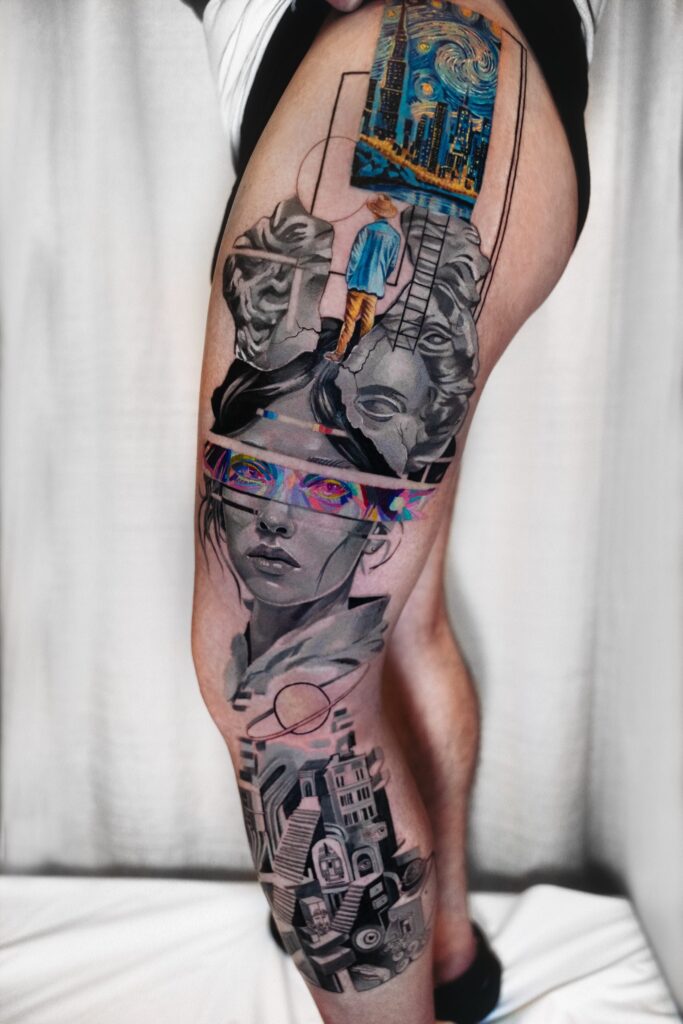 Avant-garde leg tattoo combining grayscale portraits, geometric lines, colorful glitch elements, and surreal architectural imagery.