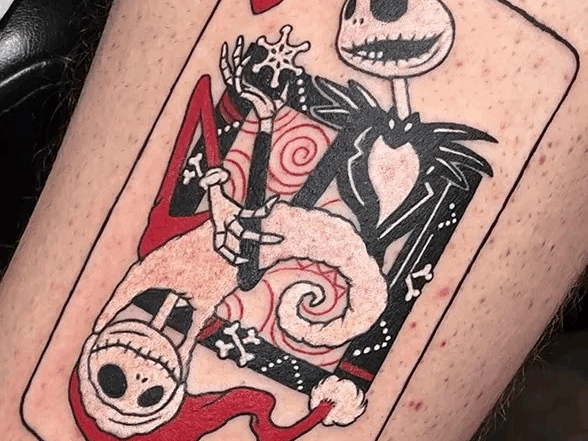 Tattoo of Jack from “The Nightmare Before Christmas,” designed as a stylized Jack of Hearts playing card.