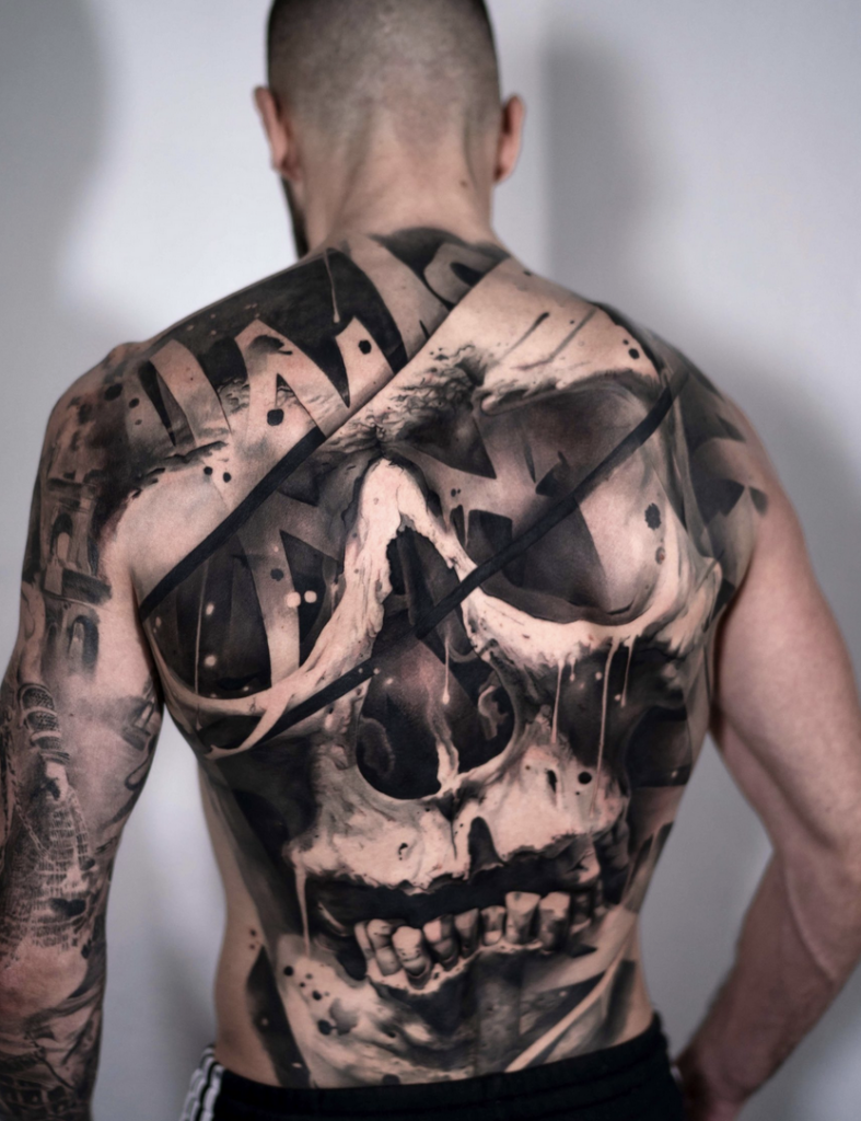 A striking, full-back black-and-grey tattoo on a man, featuring a massive, hyper-realistic human skull with paint-drip effects. The top of the skull is bisected by bold, black diagonal geometric stripes that cover a faint text pattern. The sides of the back incorporate architectural and abstract elements, creating a dark, illustrative collage.