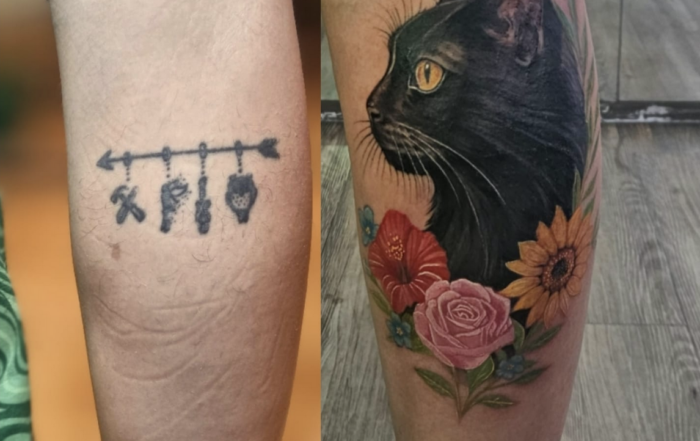 A side-by-side comparison of a tattoo cover-up on a lower leg. The left shows a small, faded black ink tattoo of an arrow with hanging charms. The right shows the cover-up: a highly detailed color realism portrait of a black cat in profile, sitting above a bouquet of a red hibiscus, a pink rose, and a yellow sunflower.