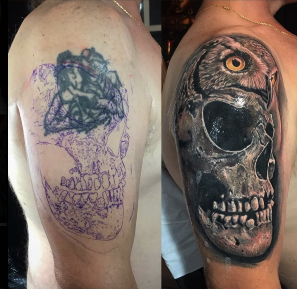 A side-by-side comparison of a shoulder tattoo in progress. The left image shows a faded, dark blue-toned old tattoo with a purple stencil of a skull drawn over it. The right image shows the completed cover-up: a large, realistic black-and-grey skull with high-contrast highlights, topped with the head of an owl.